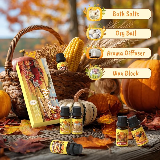 Harvest Fragrance Oils Set, Essential Oil for Diffuser, Fall Diffuser Oil, Use for Soap Candle Making-Crisp Apple cider, Pear&Honey, Golden Hayfield, Maple Grove, Harvest Pumpkin,Autumn Fig - Bloomnest