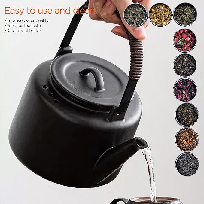 Small Stove Safe Ceramic Teapot with Cold Touch Curved Handle (27oz) - Hand-Glazed Finish - Suitable for Boiling Water and a Variety of Teas and Herbs - Matte Black - Bloomnest