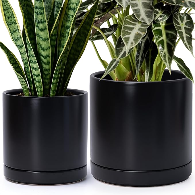 D'vine Dev 8.2 Inch & 10 Inch Ceramic Planter Pot for Plants with Drainage Hole and Saucer, Large Plant Pots Set, Black, 94-G-L-2 - Bloomnest
