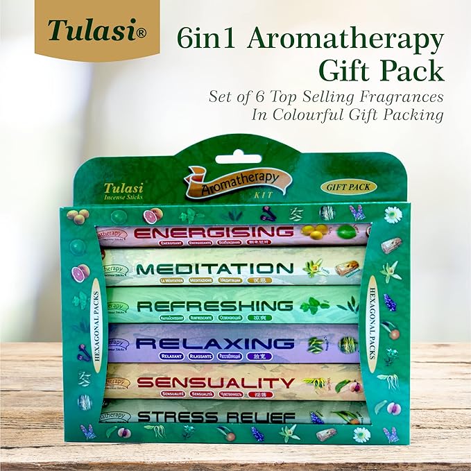 Tulasi Premium Aromatherapy Incense Sticks - Energising, Relaxing, Refreshing, Sensuality, Meditation & Stress Relief Mixed Scents, Hand Rolled with Natural Oils 120 Incense Sticks, 6 in 1 Gift Pack Tulasi