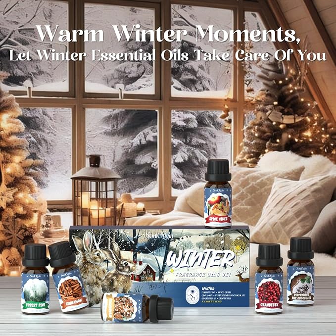Winter Essential Oils Set, Fragrance Oil Gift Set for Oil Diffusers, Scented Oils for Soap 6x10ml - Forest Pine, Spiced Apple Cider, Cinnamon, Mint Hot Chocolate, Gingerbread, and Cranberry - Bloomnest