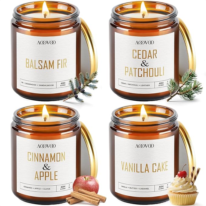 AOOVOO Candle Set - 4PC Scented Candles, 28 oz Soy Candles, Soy Candle for Home Scented, Balsam Fir/Cedar&Patchouli/Cinnamon&Apple/Vanilla Cake - Bloomnest