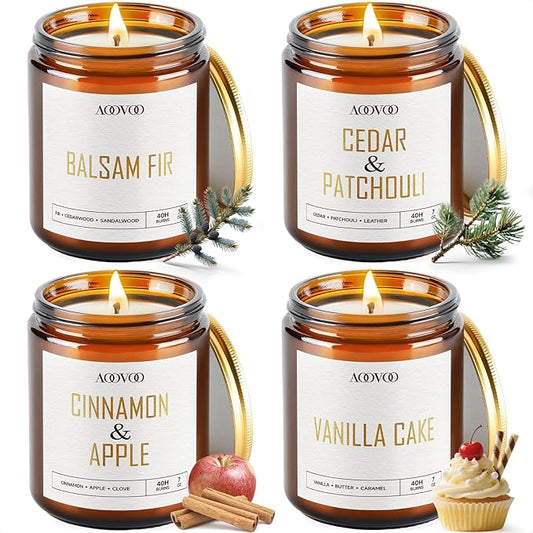 AOOVOO Candle Set - 4PC Scented Candles, 28 oz Soy Candles, Soy Candle for Home Scented, Balsam Fir/Cedar&Patchouli/Cinnamon&Apple/Vanilla Cake - Bloomnest