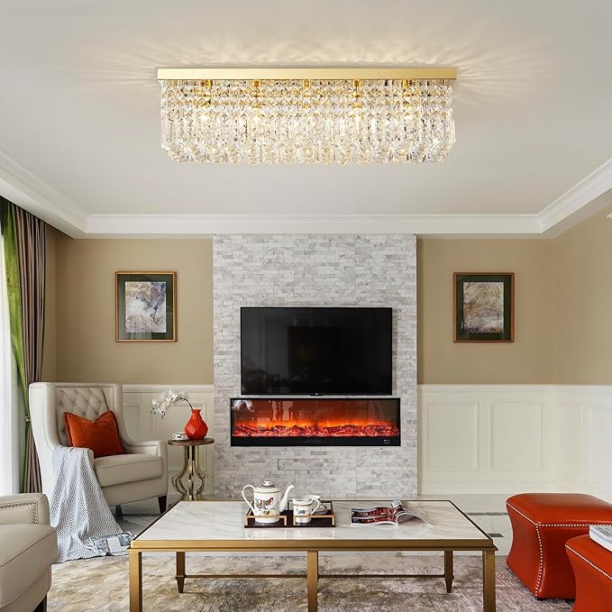 Saint Mossi 5-Lights Modern K9 Crystal Chandelier Light Fixture, Flush Mount Chandelier for Dinning Room, H9 x W10 x L31, Clear Crystal & Gold Finish - Bloomnest