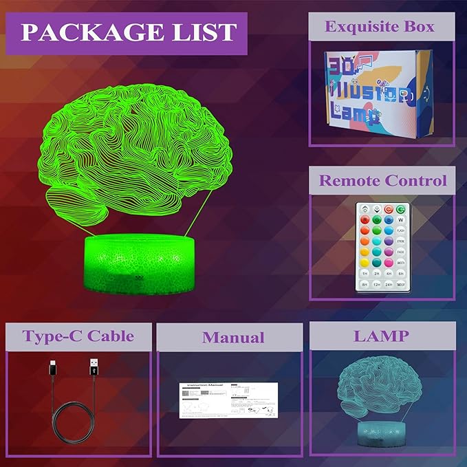 Neurology Gifts, 3D Brain Illusion Lamp, Night Light with16 Colors Changing, Remote Control, Timer, Dimmable, Kids Room Decoration, Xmas Brain Model Gifts - Bloomnest
