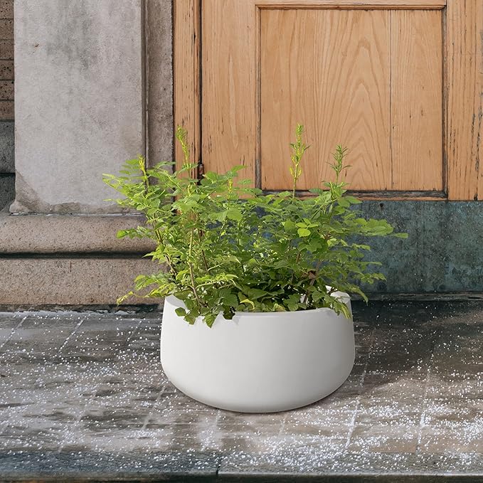 Kante 15.7" Dia Round Concrete Planter, Outdoor Indoor Garden Plant Pots with Drainage Hole and Rubber Plug, Modern Curvaceous Design, Pure White - Bloomnest
