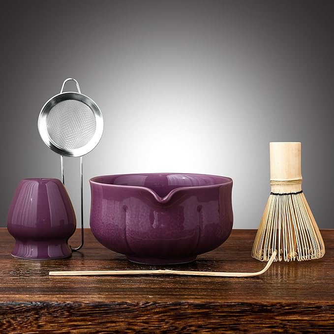 Matcha Whisk Set – 5 Piece Japanese Matcha Tea Set w/Ceramic Matcha Bowl, 100-Prong Bamboo Whisk & Holder, Scoop, & Stainless Sifter – Traditional Matcha Making Kit (Midnight Purple) - Bloomnest