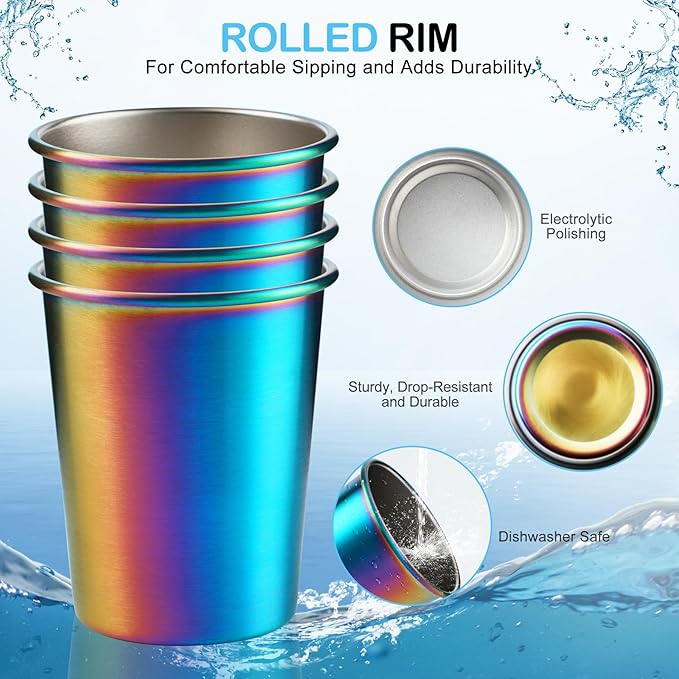 Stainless Steel Cups for Kids 7.8oz/230ml (4 Pack), Children's Rainbow Electroplating Cups, Camping Stainless Steel Cups, Stackable Metal Drinking Glasses, Toddler Stainless Steel Tumbler, BPA Free - Bloomnest