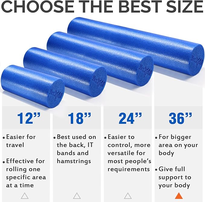 Yes4All Medium Firm Round PE Foam Roller 12, 18, 24, 36 Inches for Pilates, Yoga, Stretching, Balance & Core Exercises - Bloomnest