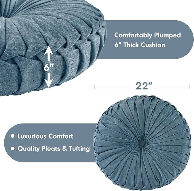 Intelligent Design Loretta Round Chenille Tufted Floor Pillow with Elegant Pleated Design, Large Boho & Vintage Decorative Throw Pillow for Sofa, Bed, or Chair, 22" x 6", Aqua