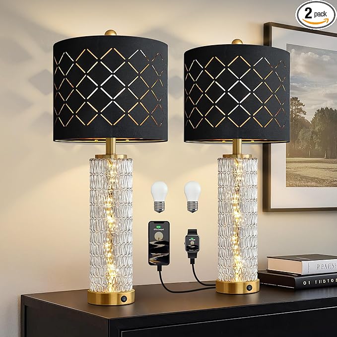 Oneach 27.75" Modern Table Lamps Set of 2, Gold Bedside Lamp with Crystal Nightlight, USB A+C, Black Grid Shade, Unique Desk Lamps for Living Room, Bedroom, Nightstand, End Table (2 Bulbs Included) - Bloomnest