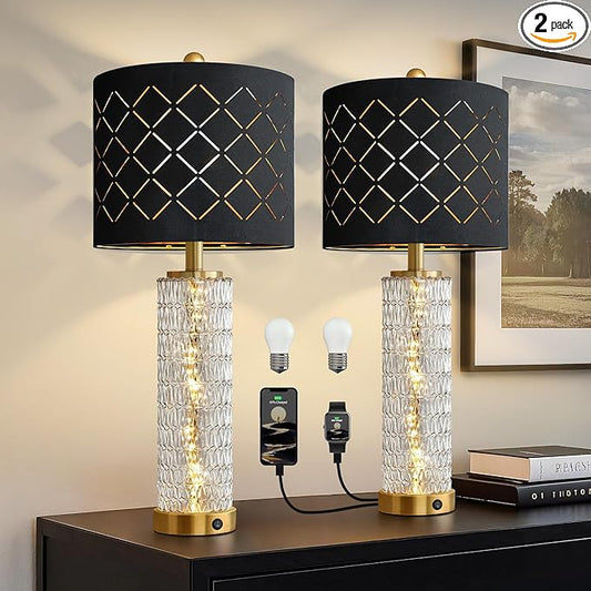 Oneach 27.75" Modern Table Lamps Set of 2, Gold Bedside Lamp with Crystal Nightlight, USB A+C, Black Grid Shade, Unique Desk Lamps for Living Room, Bedroom, Nightstand, End Table (2 Bulbs Included) - Bloomnest