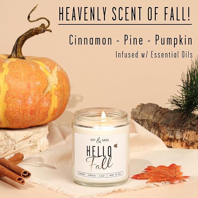 Fall Candles - 'Hello Fall Scented Candle' w/Cinnamon, Pumpkin & Fir I Infused with Essential Oils Autumn Scented Soy Candles for Home Décor, 9oz Reusable Jar, 50Hr Burn, Made in USA - Bloomnest