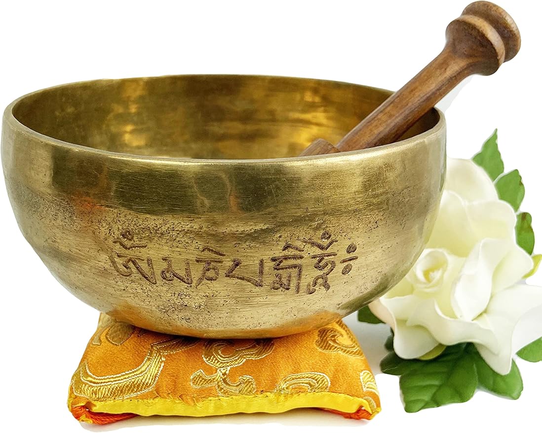 422 SB-5 Agan Traders Hand Pounded 'Om Mani Padme Hum' Mantra Healing Singing Bowl Set (E, 4.5" diameter) - Bloomnest