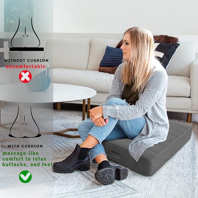 MeMoreCool Square Floor Pillow for Adults and Kids, Large Meditation Cushion with Thick Foam and Washable Tufted Cover, 22-Inch Grey Seat for Yoga and Sitting