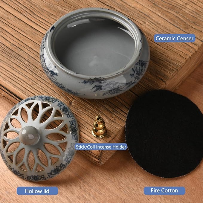 Ceramic Incense Burner with Holder for Stick/Coil Incense,Sage Cones and Mosquito Incense Handmade Smudging Burn Bowl for Cleansing Negative Indoor Energy and Other Incense Rituals, Cyan - Bloomnest