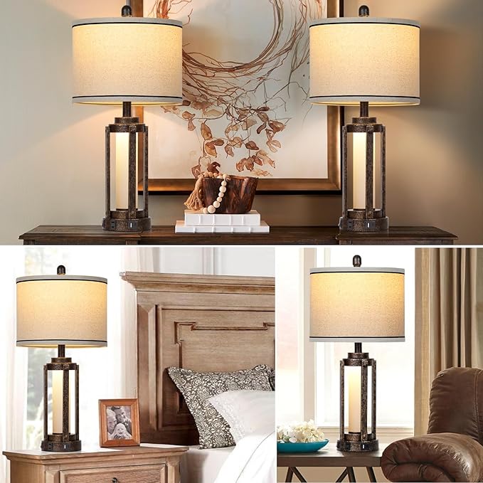 Farmhouse Lamps with USB A+C Charging Ports & AC Outlet, Rustic Vintage Industrial Table Lamps Metal Lamp with Glass LED Night Light & Beige Fabric Shade for Living Room Bedrooms Nightstand Bronze - Bloomnest