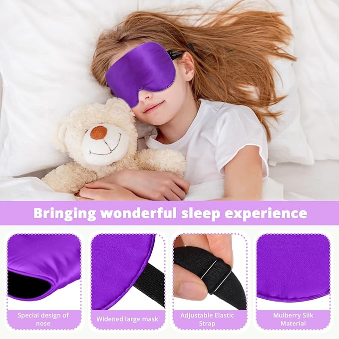 Kids Sleep Mask Eye Cover, 100% Real Natural Pure Silk Eye Mask with Adjustable Strap, Blindfold Kids Eye Mask for Sleeping, Eye Shade for Boys Girls and Adult, Pressure-Free Comfort (Violet) - Bloomnest