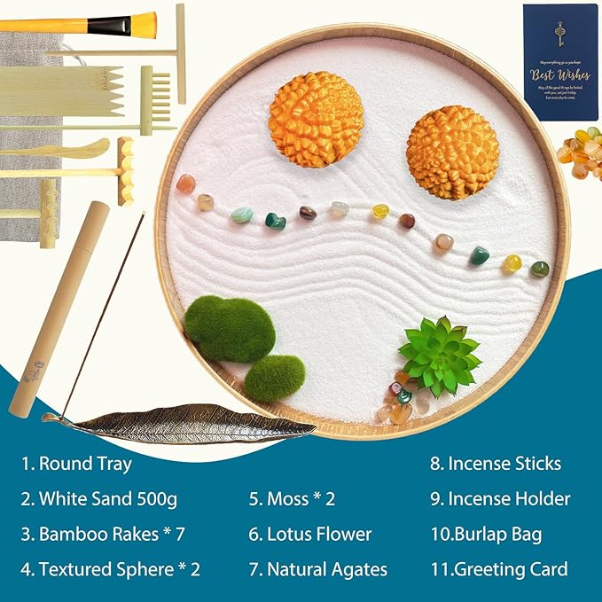Japanese Zen Garden Kit for Desk, Bamboo Sand Garden Meditation Therapy Tray Gift Set, Mini Zen Décor Office Desktop Accessories - 2 Textured Spheres, Incense with Holder - Bloomnest