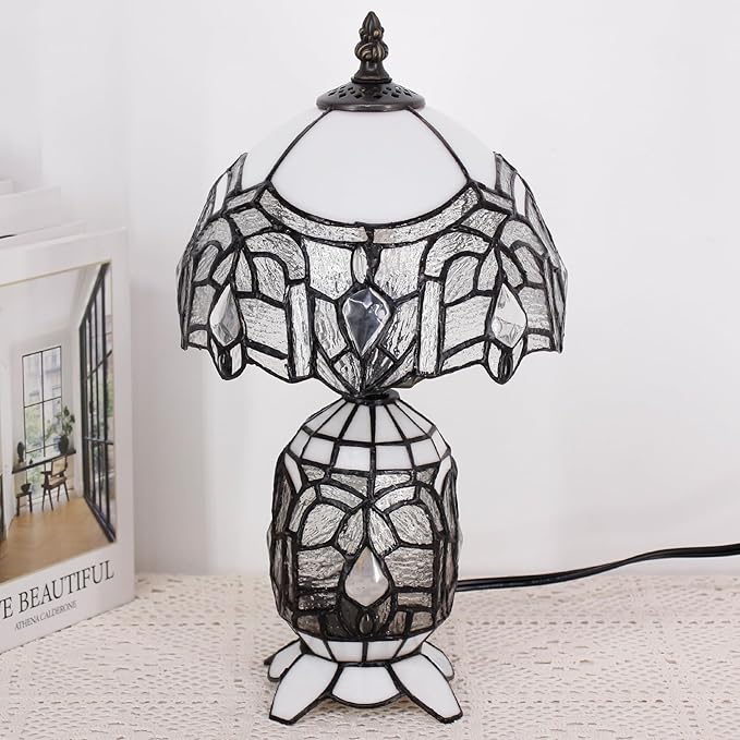 Small Tiffany Lamp Stained Glass Table Lamp Mini Mother Daughter Vase Desk Accent Light for Bedroom Bedside Reading Home Antique Style Decor 8X14 Inches (White) - Bloomnest