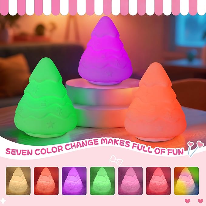 Night Light for Kids, Rechargeable Dimmable Silicone LED Nightlight with 7 Colors, Baby Nursery Night Lamp, Touch Squishy Lamp, Cute Gifts for Girls, Boys, Toddler Room Decor, Christmas Tree - Bloomnest