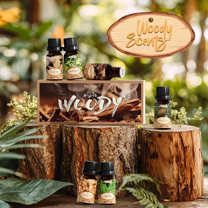 SALKING Woody Essential Oils Gift Set, Natural and Pure Aromatherapy Fragrance Oils for Diffuser, Humidifier, Massage- Frankincense, Teakwood, Sandalwood, Cypress, Cedarwood, Patchouli - Bloomnest