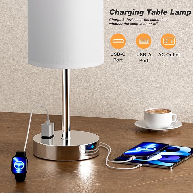 Fenmzee Touch Bedside Lamp - White, 3-Way Dimmable, USB A + C Charging, AC Outlet, 17.4inch Medium - Bloomnest