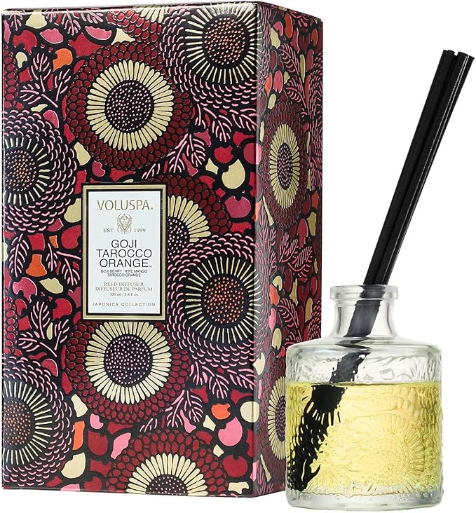 Voluspa Goji Tarocco Orange Scented Reed Diffuser, 3.4 oz, Luxury Citrus Diffuser, Oil Reed Diffusers for Home, Handcrafted in The USA