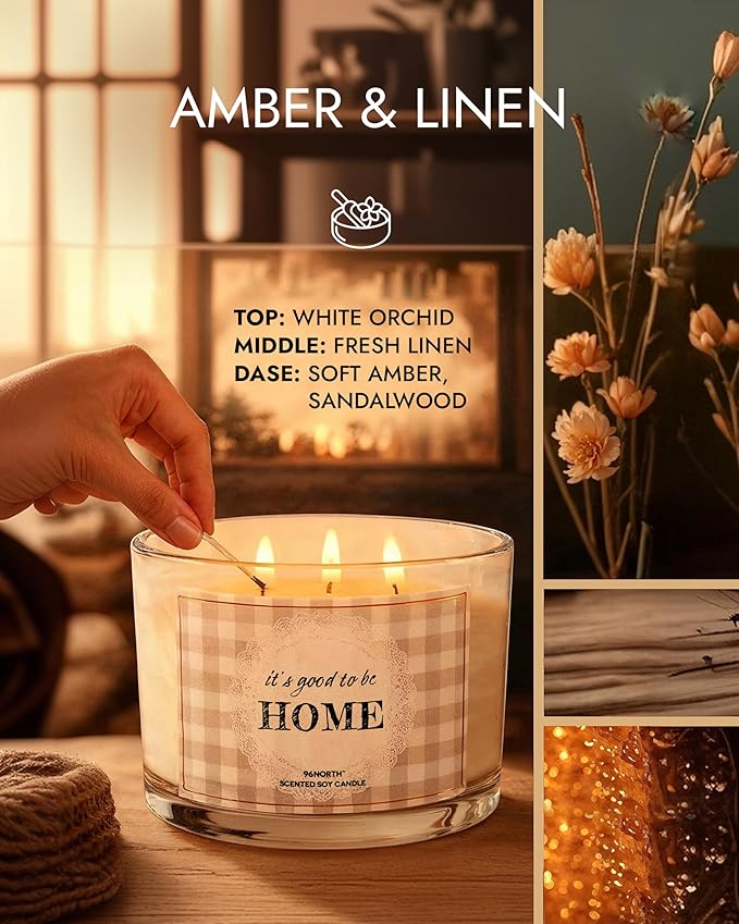96NORTH Fresh Linen & Soft Amber Candle | Large 3 Wick Jar Candle | 12 Oz Up to 50 Hours Burning Time | 100% All Natural Soy Wax | Relaxing Aromatherapy Candle | Housewarming Gift for Women and Men - Bloomnest