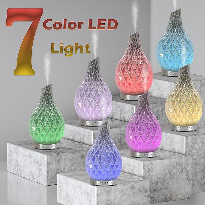 MAXWINER Essential Oil Diffuser Handmade Art Glass Aromatherapy Ultrasonic Humidifier with 7 Colors Lights Changing, Waterless Auto Shut-Off, Time Setting for Home, Office, Room 120ml (Diamond) - Bloomnest