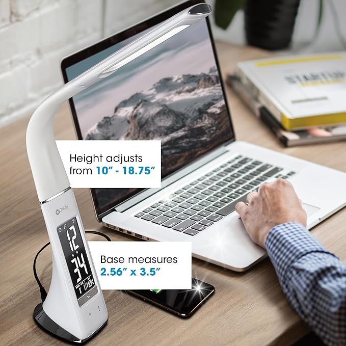 OttLite Thrive LED Sanitizing Desk Lamp with Clock and USB Charging - Eliminates up to 99.9% of Bacteria, Touch Activated, Flexible Neck, Modern Light for Reading, Crafting & Office Desktop - Bloomnest