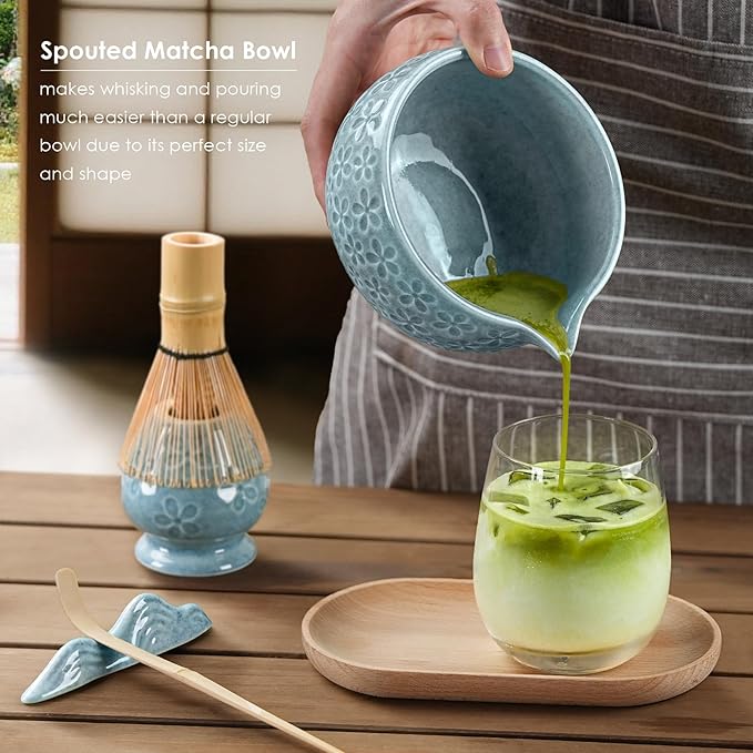 7Pcs Matcha Whisk Set, Ceramic Matcha Bowl with Spout, Bamboo Whisk and Holder,Bamboo Scoop,Scoop Rest,Sifter,Tea Towel, Matcha Kit with Cherry Blossom Carved Patterns for Matcha Lovers (Sakura Blue) - Bloomnest