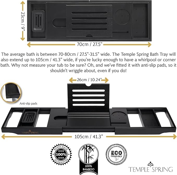 Temple Spring Wooden Bathtub Tray, Bamboo Bathroom Accessories, Bath Tray for Tub, at Home Spa Essentials, Board for Tub Table, Bath Caddy for Bathtub Accessories & Bathroom Essentials – Black - Bloomnest