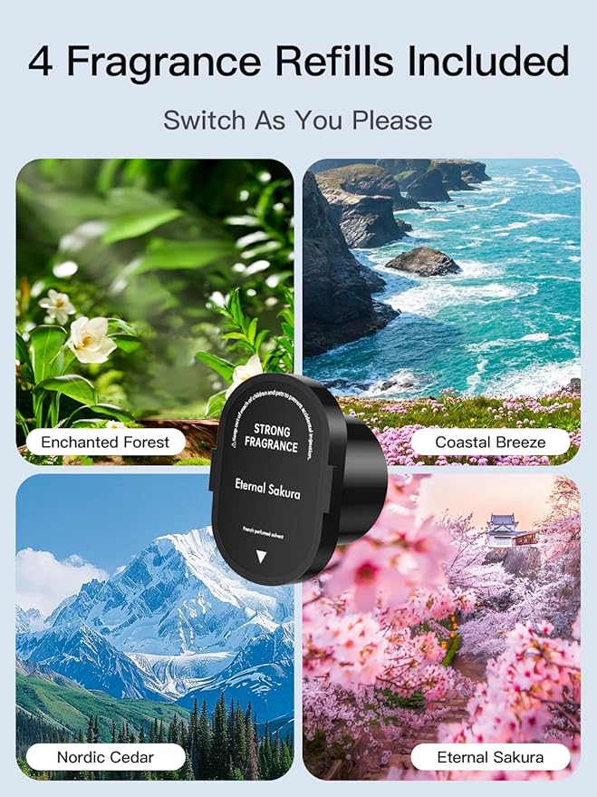 Smart Car Air Freshener Diffuser, Waterless Essential Oil Diffuser with 4 Modes, 4 Scent Refills, Auto On/Off, USB - C Rechargeable Wireless, Ambient Light for Home/Car (5502-Gunmetal Grey) - Bloomnest