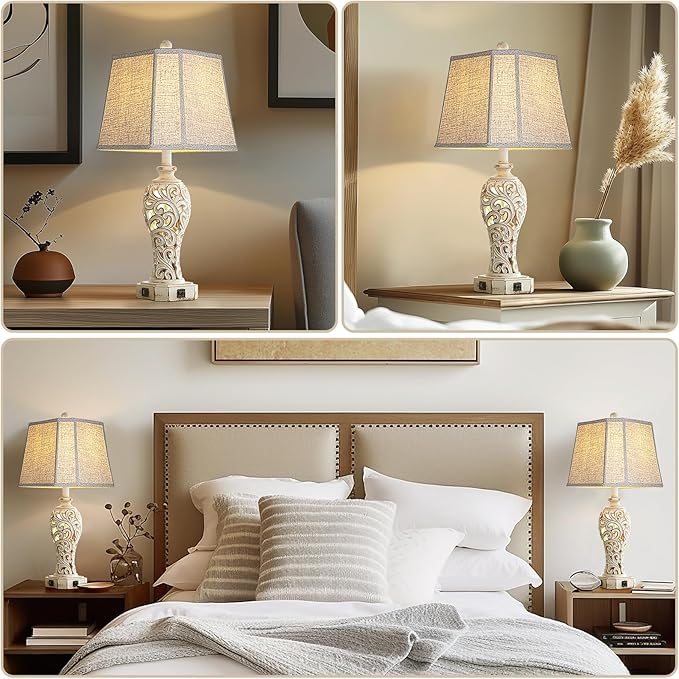 25'' Farmhouse Table Lamp for Living Room Bedroom, 2 USB Ports Vintage Rustic Nightstand Desk Lamp with Nightlight, White Hollow Out Resin Lamp for End Table (Bulb Included) - Bloomnest