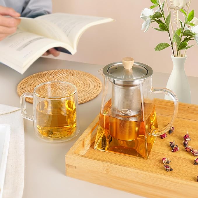 CNGLASS Glass Teapot with Infuser,24oz Clear Glass Tea Kettle with Removable Stainless Steel Strainer,Stovetop Safe Glass Teapot for Blooming and Loose Leaf Tea… - Bloomnest