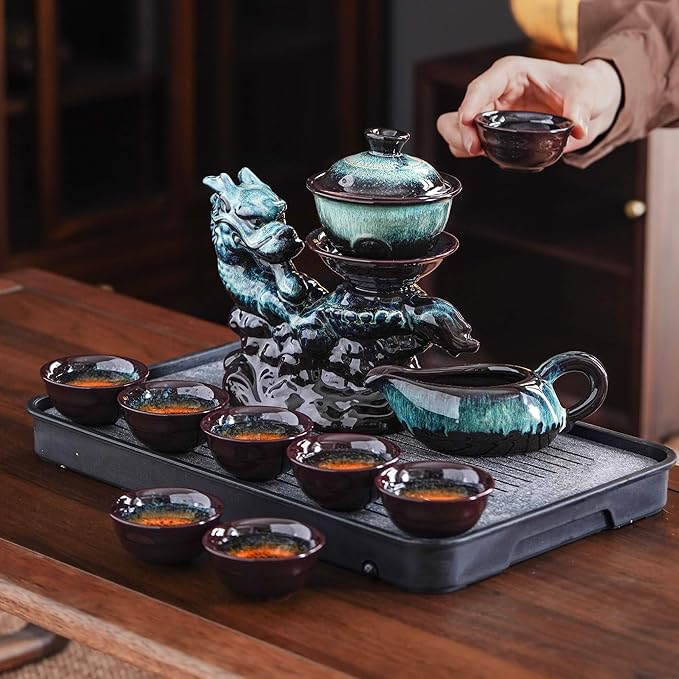 Ceramic Teapot with Infuser Semi Automatic Tea Set Magic Teapot with 8 cups Gradient Color (Gradient Dragon- B) - Bloomnest