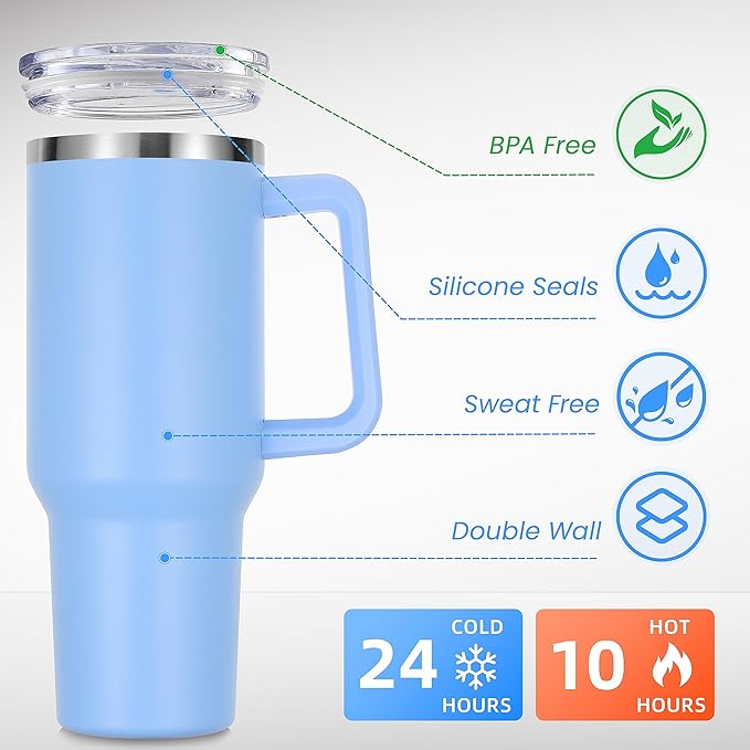 DOMICARE 40 oz Tumbler with Handle and Straw, Stainless Steel Tumbler with Lid and Straw, Reusable Vacuum Insulated Cup, Travel Coffee Mug, Blue, 4Pack - Bloomnest
