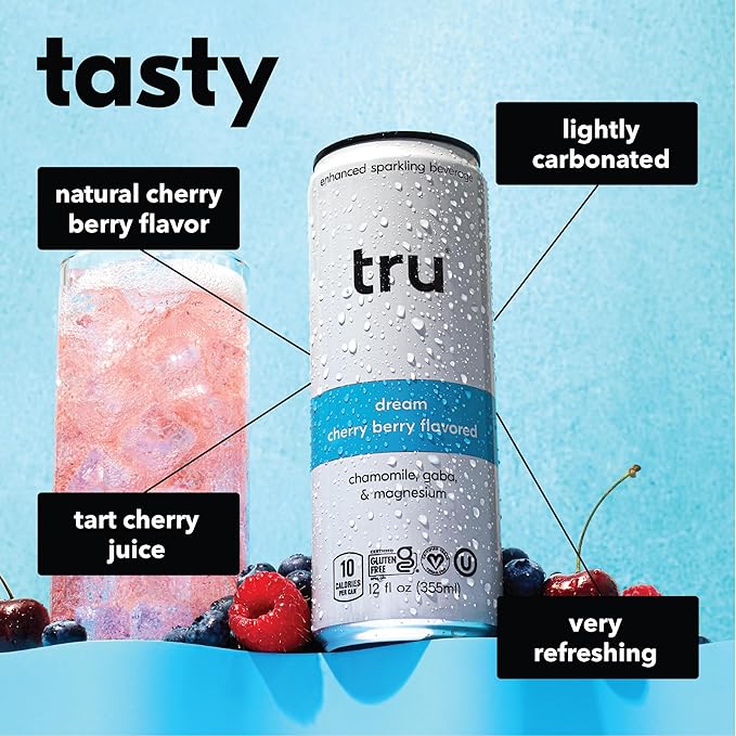 Tru Dream Seltzer, Cherry Berry, Sparkling Water with Chamomile, GABA, Magnesium & Tart Cherry Juice, Sweetened with Monk Fruit & Stevia, Gluten Free, Vegan, Caffeine Free, 12 FL OZ Cans, 12 Pack - Bloomnest