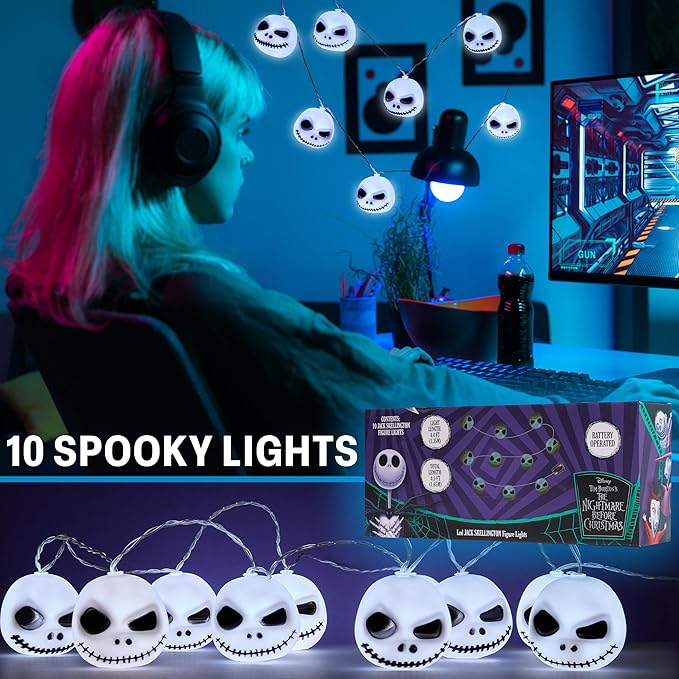 Disney The Nightmare Before Christmas LED String Lights for Kids, Teens, Adults, 10 Jack Skellington 65” Fairy Lights, Gifts for Kids (White Nightmare Before Christmas) - Bloomnest