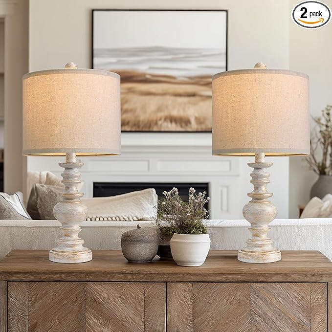 BOBOMOMO 20" Retro Table Lamps Set of 2 - Farmhouse Lamp for Living Room with Linen Shades, Rustic Bedside Nightstand Lamps, Resin Lamps for Bedroom Nursery Room Hallway - Ideal for Compact Spaces - Bloomnest
