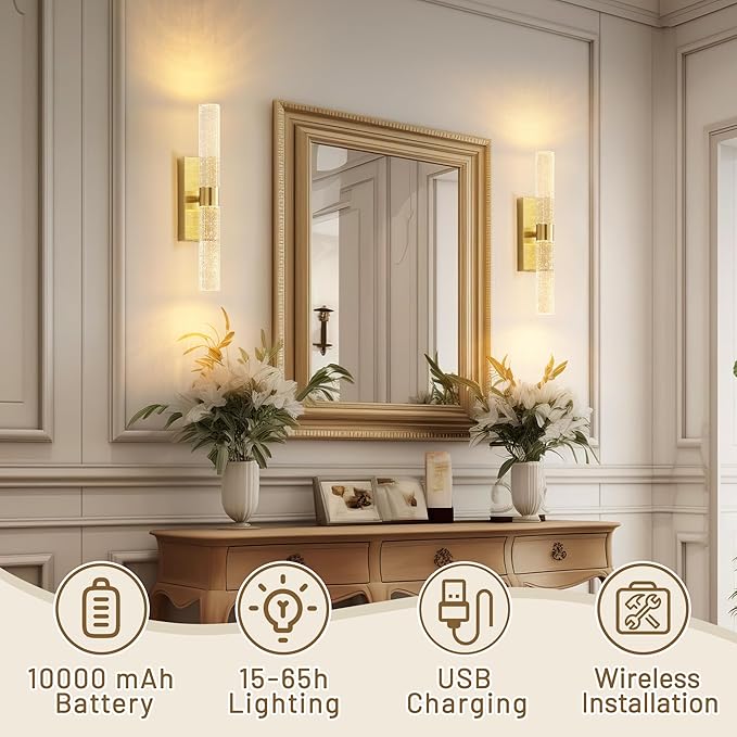 Gold Battery Operated Wall Sconce Set of Two,Rechargeable Wireless Wall Lights with Remote Control,350°Rotate,3000K/4000K/6000K,Dimmable,Timer,for Bedroom,Living Room,Hallway,15.3 Inch - Bloomnest