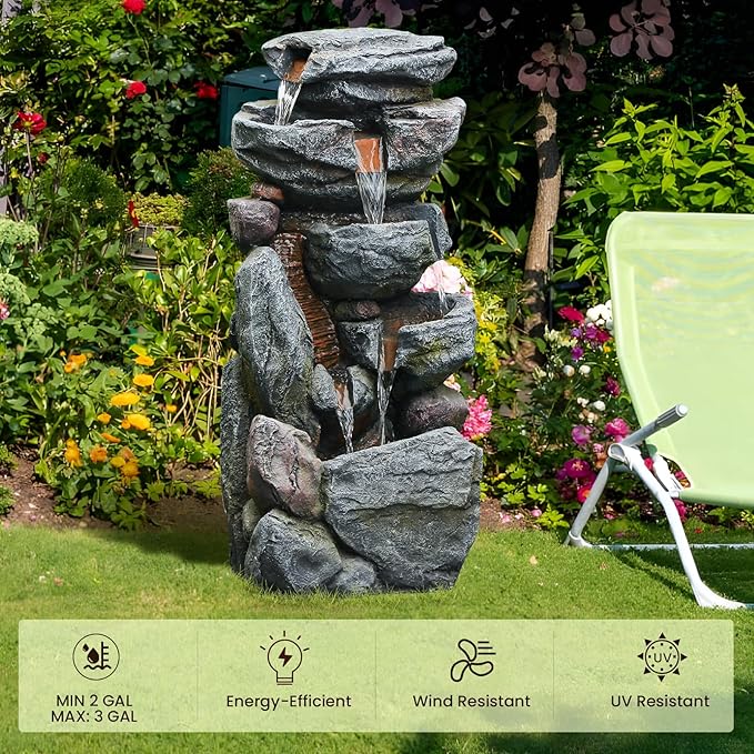 The 5-Tiered Rock Water Fountain Outdoor&Indoor, 31.5’’H Floor-Standing Garden Fountains, Stone Feature and Waterfall with Lights for Patio, Backyard, Deck, Porch, Home DéCor, Gray - Bloomnest