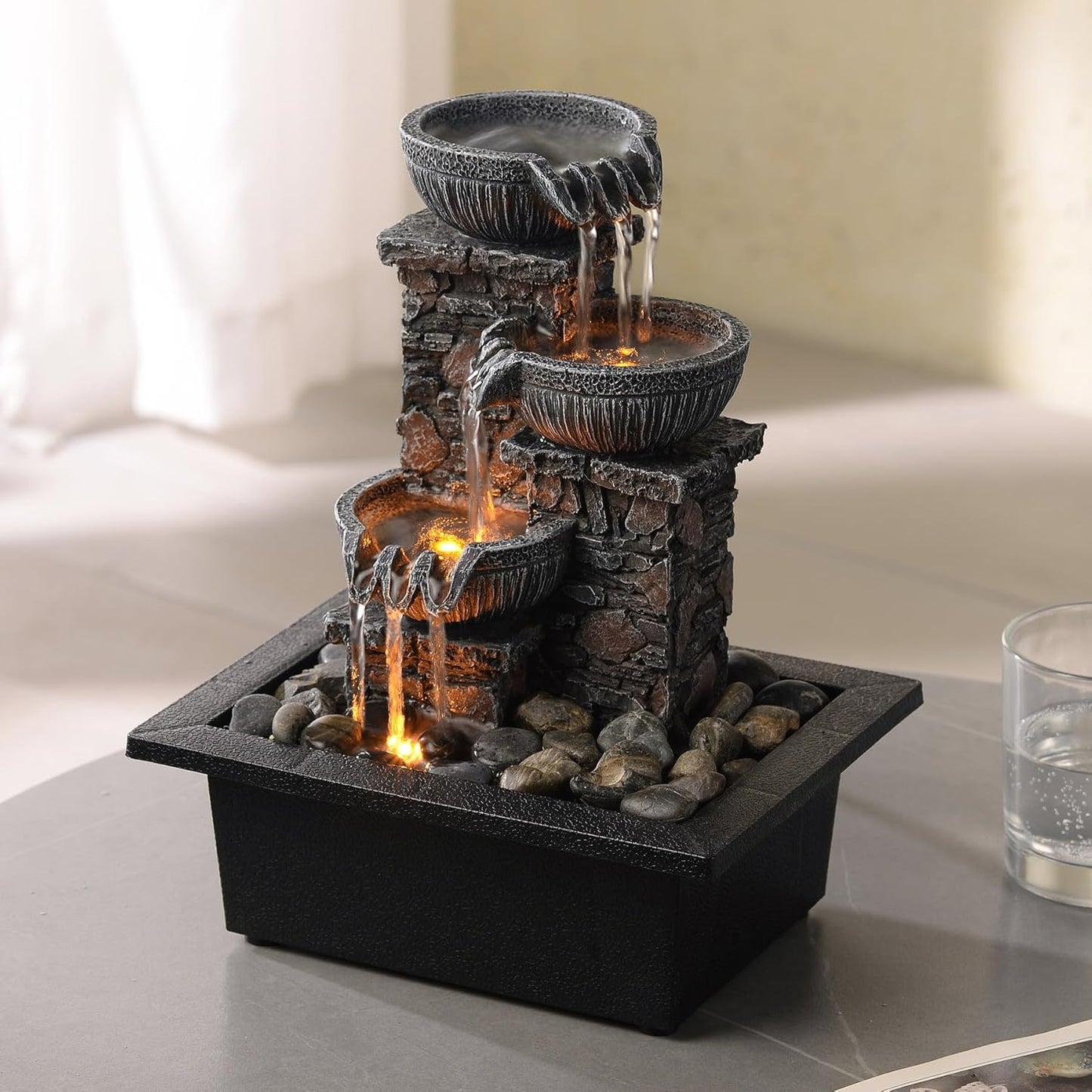 Kalona Tabletop Fountain 3 Bowls with LED Light Soothing Water Flowing Sound Fountain Zen/Meditation Home/Office Decor Home Décor Relaxation Indoor (23113)