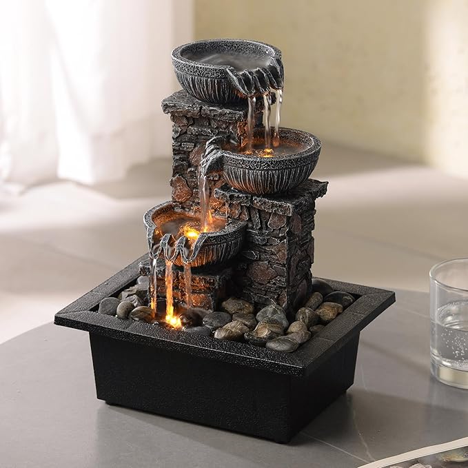 Kalona Tabletop Fountain 3 Bowls with LED Light Soothing Water Flowing Sound Fountain Zen/Meditation Home/Office Decor Home Décor Relaxation Indoor (23113) - Bloomnest