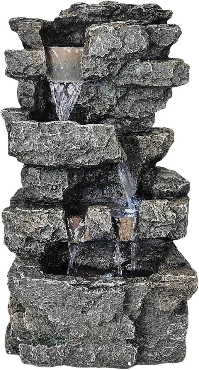 Tabletop Rock Waterfall Fountain with Led Lights - Indoor Decorative Desk Water Fountain, Multi-Tier Design, Quiet and Soothing, 6.29" l x 4.33" w x 11.02" h