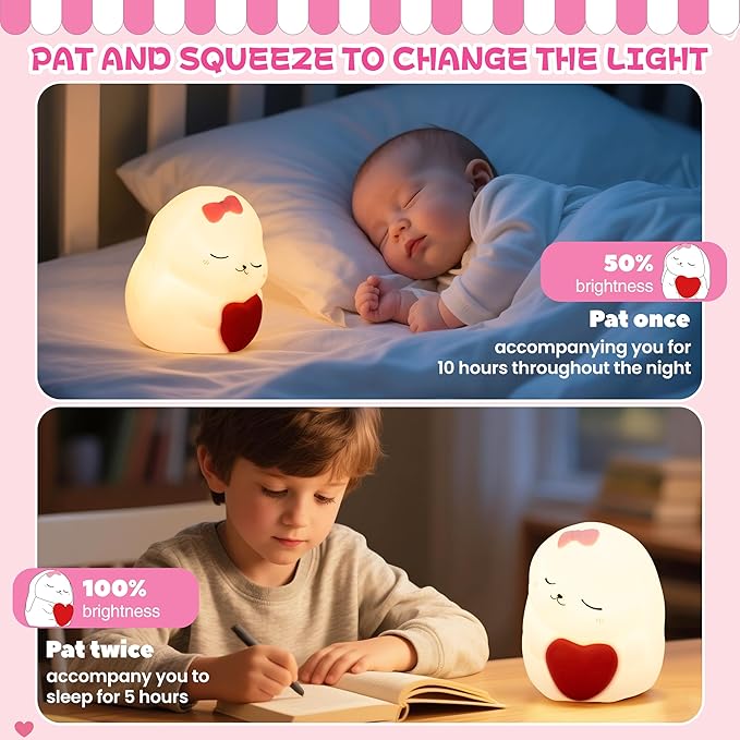 Night Light for Kids, Rechargeable Dimmable Silicone LED Nightlight with 7 Colors, Baby Nursery Night Lamp, Touch Squishy Lamp, Cute Gifts for Girls, Boys, Toddler Room Decor, Rabbit - Bloomnest