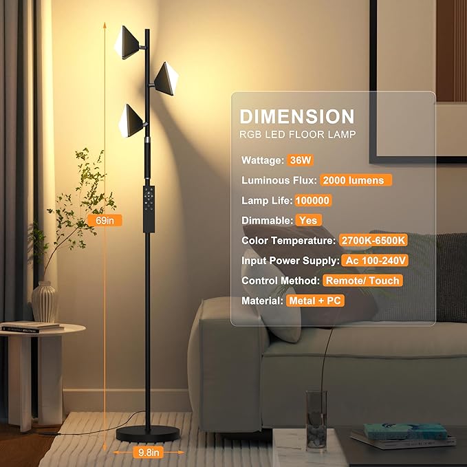PARTPHONER RGB Tree Floor Lamp for Living Room, Stepless Dimmable Tall Standing Lamp with Remote, Touch Control and 3 Rotatable Light, Bright LED Lights for Bedroom with 4 Color-Changing, Black - Bloomnest