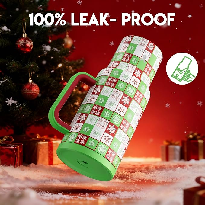 Meoky 40 oz Christmas Tumbler with Handle and Straw, Xmas Tumbler with Lid and Straw, Insulated Stainless Steel Travel Mug, Christmas Gifts for Women Men Adults (Holly Check) - Bloomnest