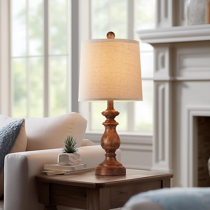 PARTPHONER Traditional Table Lamp Set of 2, Rustic Farmhouse Table Lamps for Living Room Bedroom, 22" Bedside Desk Lamps Vintage Nightstand Lamps with Linen Shades, Wood Grain - Bloomnest
